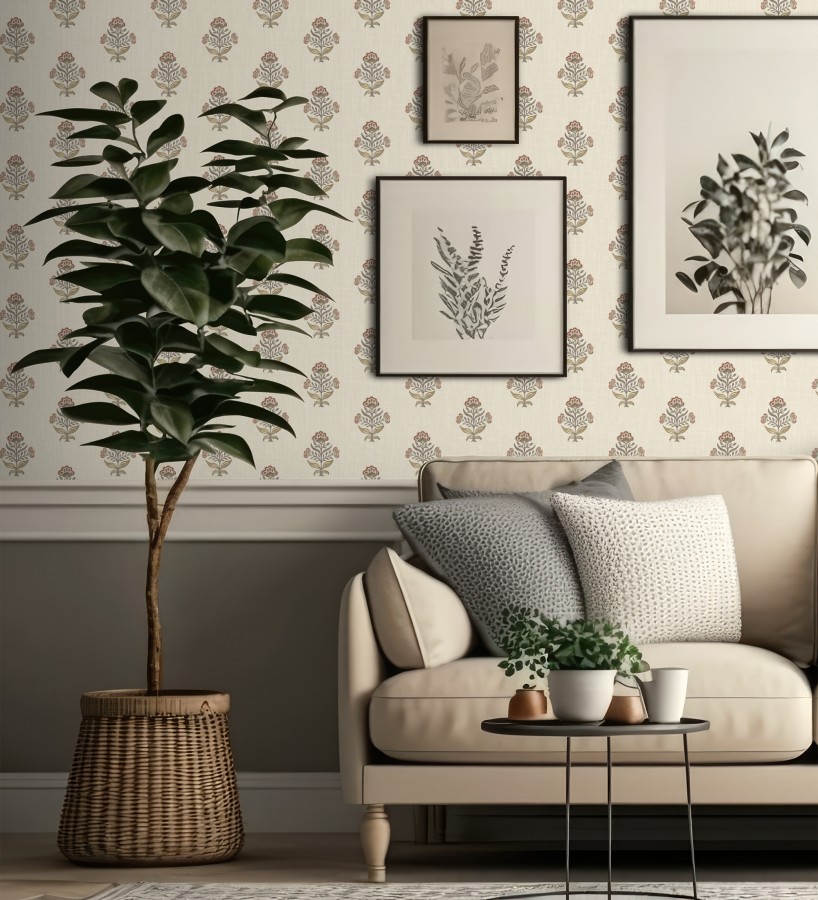 Papel pintado patrón con flores coral fondo lino texturizado  Hawthorne Sprig 684273
