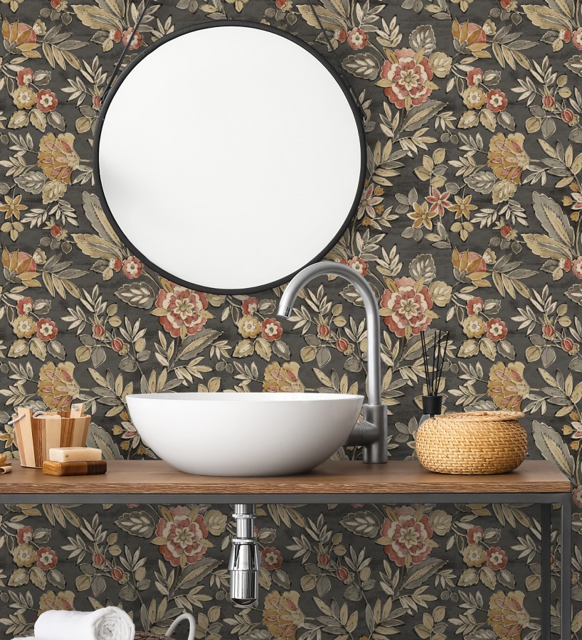 Papel pintado flores vintage de acuarela fondo gris carbón  Willowmere Posies 684274