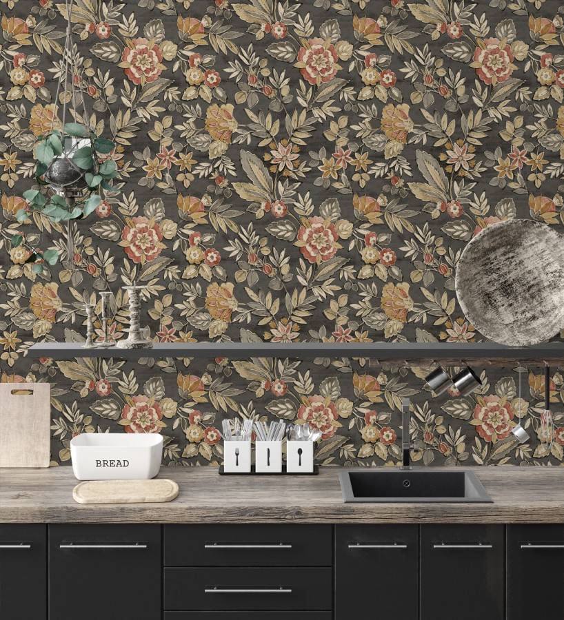 Papel pintado flores vintage de acuarela fondo gris carbón  Willowmere Posies 684274