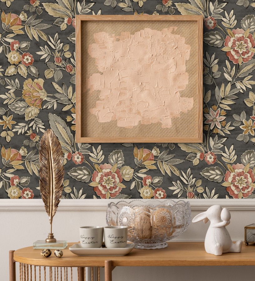 Papel pintado flores vintage de acuarela fondo gris carbón  Willowmere Posies 684274
