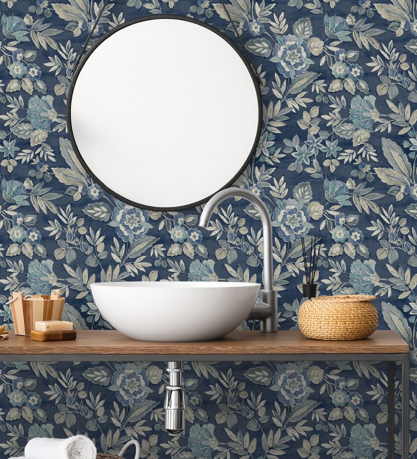 Papel pintado flores vintage de acuarela fondo azul eléctrico  Willowmere Posies 684275