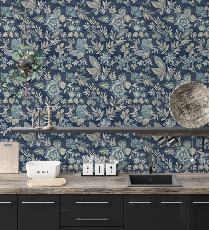 Papel pintado flores vintage de acuarela fondo azul eléctrico  Willowmere Posies 684275