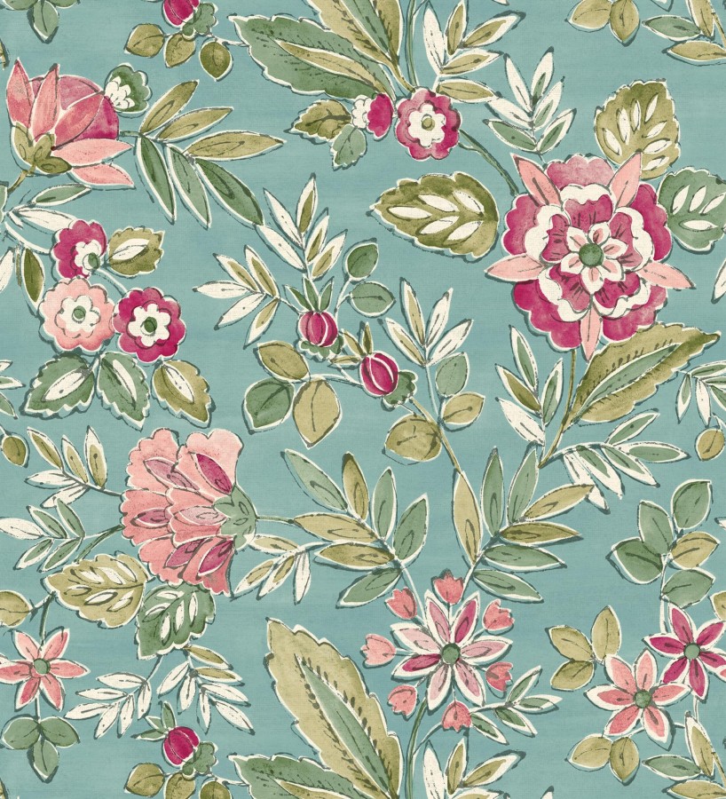 Papel pintado flores vintage de acuarela fondo aguamarina  Willowmere Posies 684276