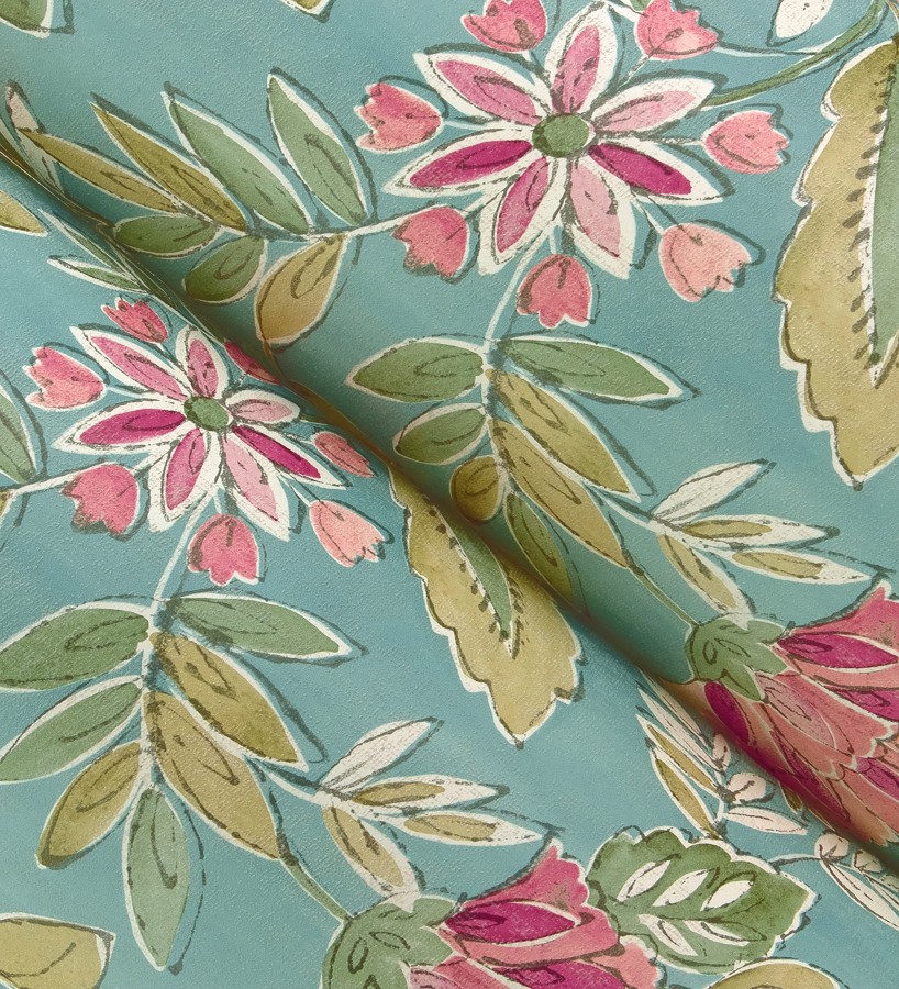 Papel pintado flores vintage de acuarela fondo aguamarina  Willowmere Posies 684276
