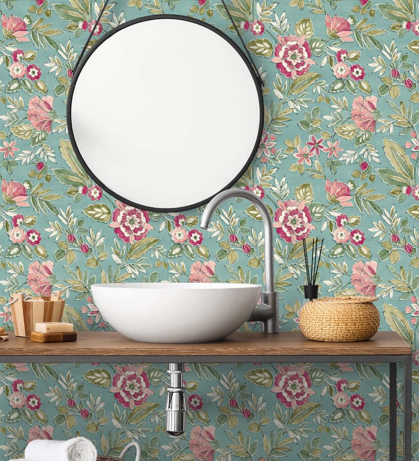 Papel pintado flores vintage de acuarela fondo aguamarina  Willowmere Posies 684276