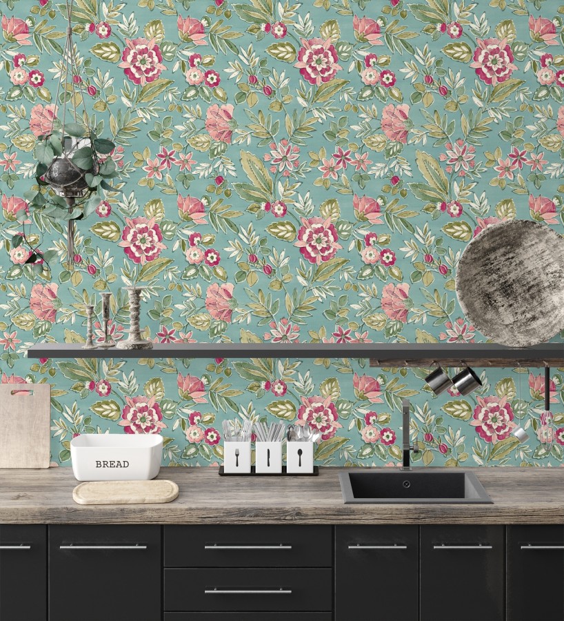 Papel pintado flores vintage de acuarela fondo aguamarina  Willowmere Posies 684276