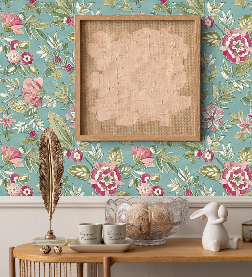 Papel pintado flores vintage de acuarela fondo aguamarina  Willowmere Posies 684276