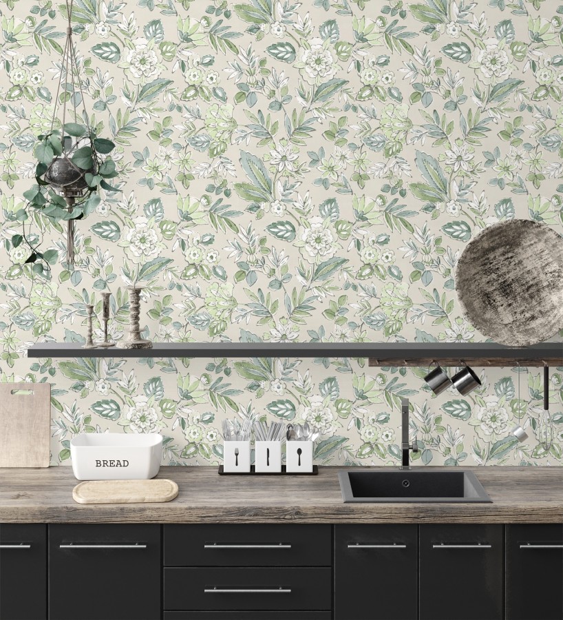 Papel pintado flores vintage de acuarela fondo beige  Willowmere Posies 684277