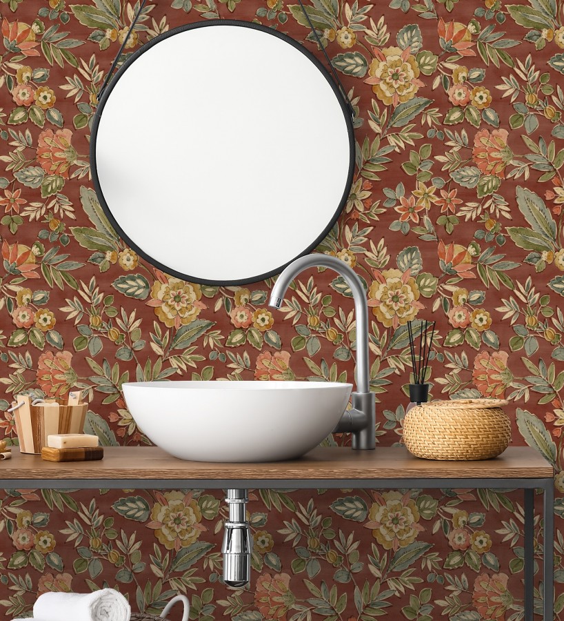 Papel pintado flores vintage de acuarela fondo terracota  Willowmere Posies 684278
