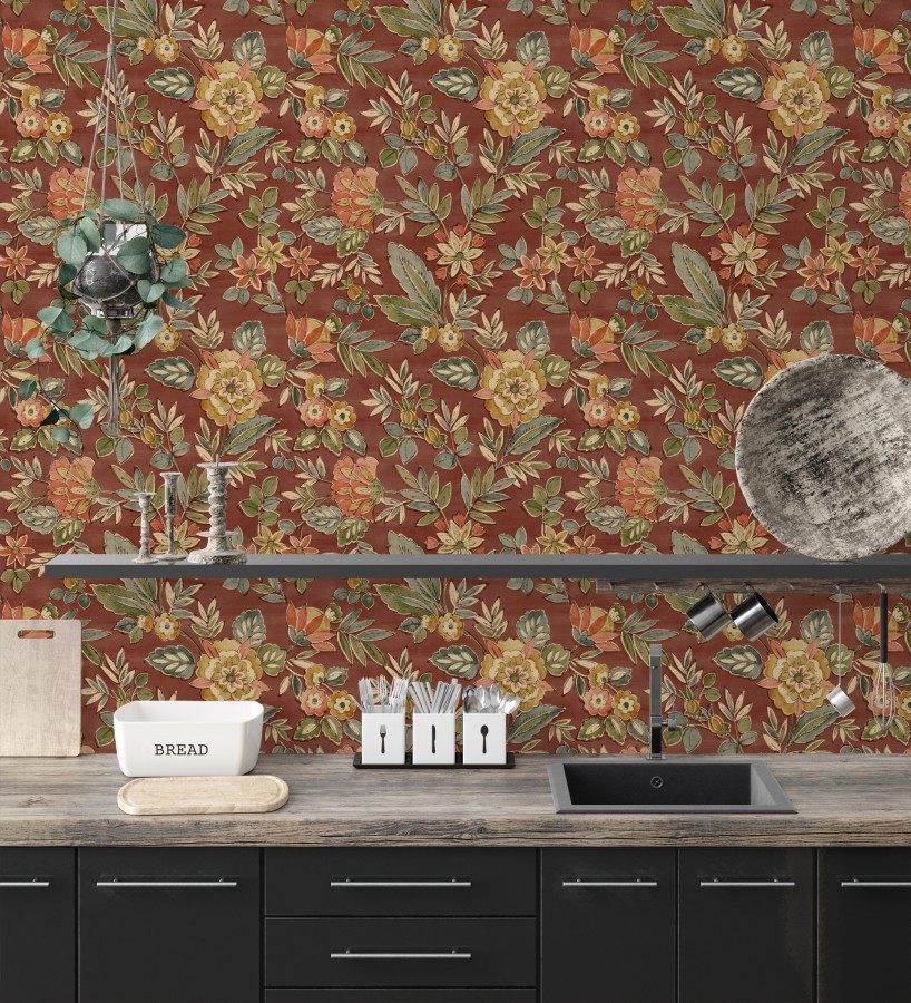 Papel pintado flores vintage de acuarela fondo terracota  Willowmere Posies 684278