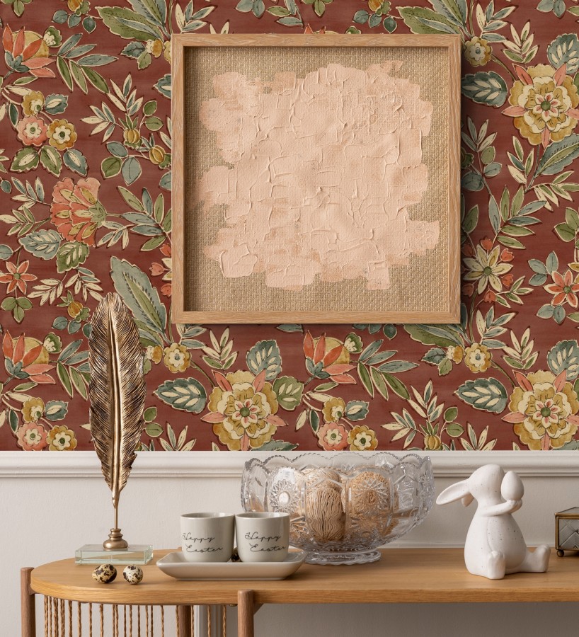 Papel pintado flores vintage de acuarela fondo terracota  Willowmere Posies 684278