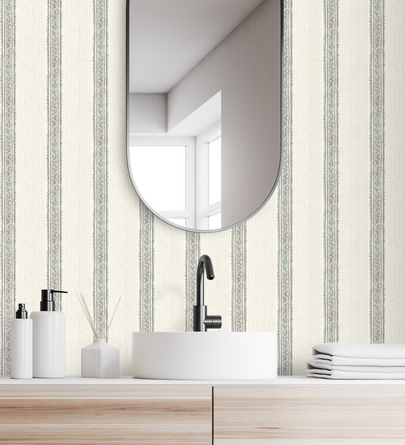 Papel pintado texturizado de rayas elegantes con grecas cian  Tisbury Pinstripe 684280