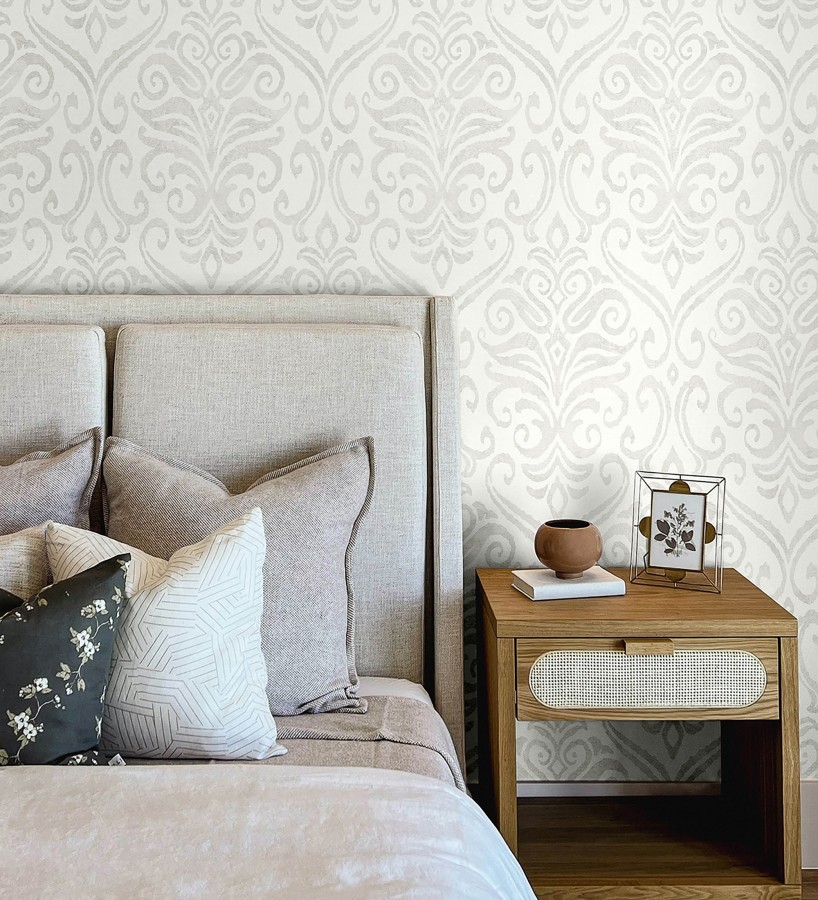 Papel pintado damasco elegante color beige neutro y blanco roto  Winchelsea Ornamental 684290