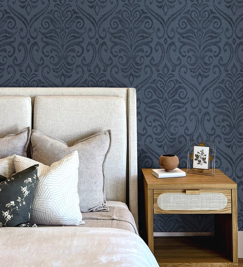 Papel pintado damasco elegante texturizado color azul eléctrico  Winchelsea Ornamental 684291