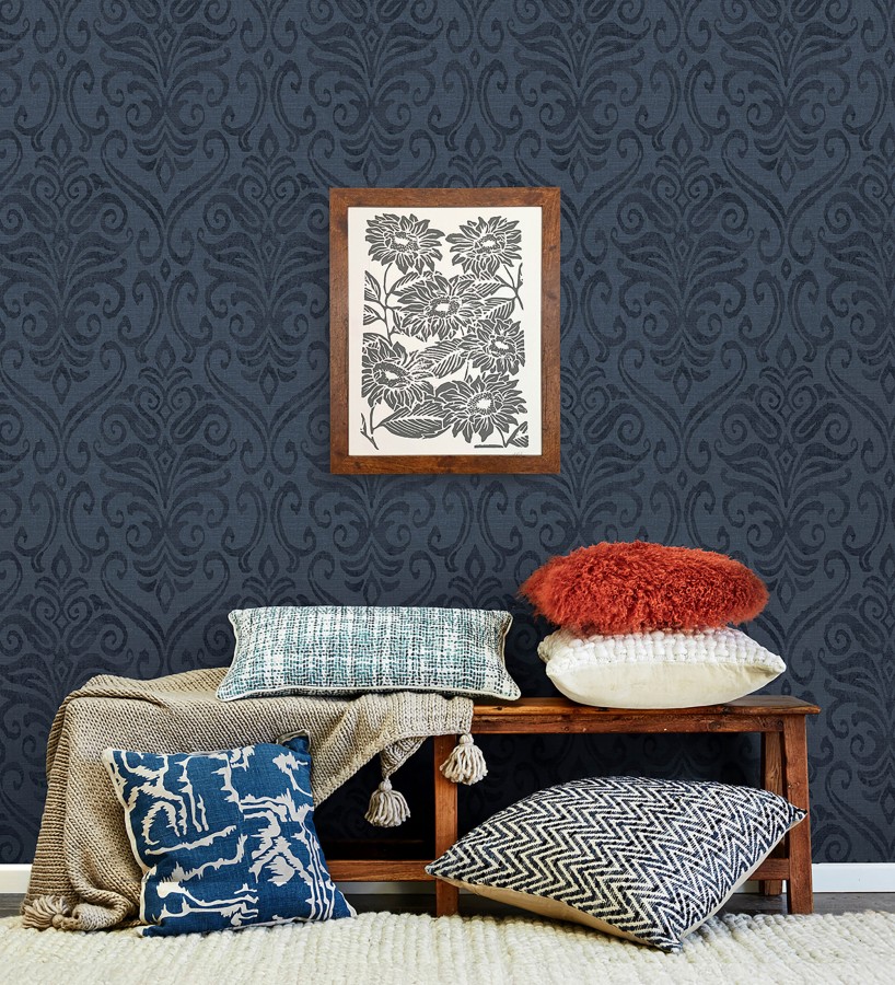 Papel pintado damasco elegante texturizado color azul eléctrico  Winchelsea Ornamental 684291