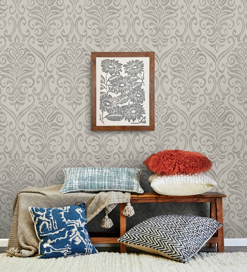 Papel pintado damasco elegante texturizado color taupe  Winchelsea Ornamental 684292