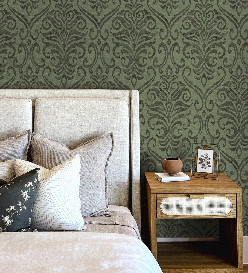 Papel pintado damasco elegante texturizado color verde helecho  Winchelsea Ornamental 684293