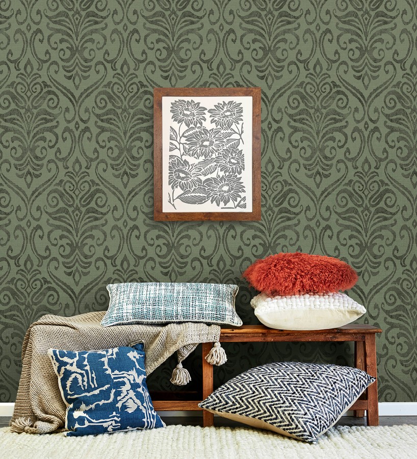 Papel pintado damasco elegante texturizado color verde helecho  Winchelsea Ornamental 684293