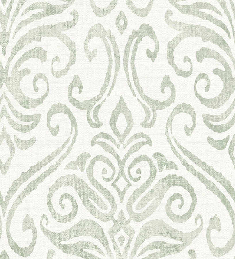 Papel pintado damasco elegante texturizado verde suave y blanco roto  Winchelsea Ornamental 684294