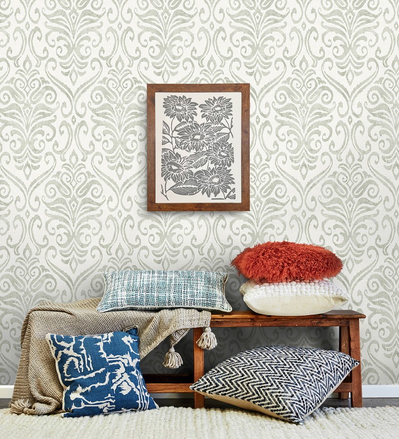 Papel pintado damasco elegante texturizado verde suave y blanco roto  Winchelsea Ornamental 684294