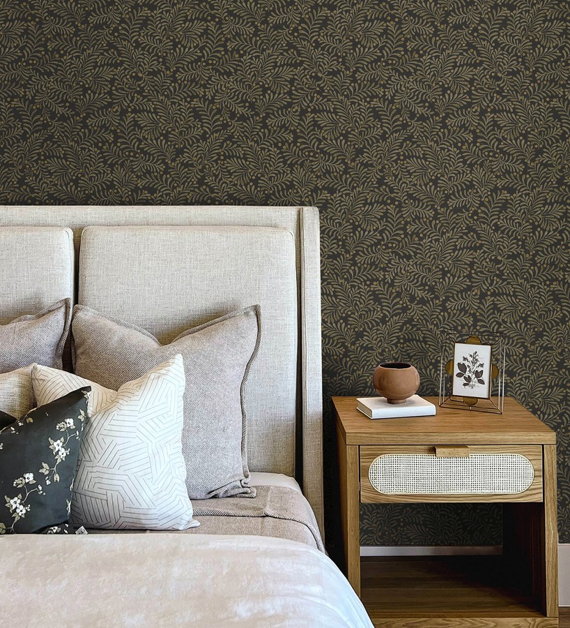 Papel pintado ramas marrón pardo y bayas fondo lino texturizado negro  Willowmere Sprigs 684295