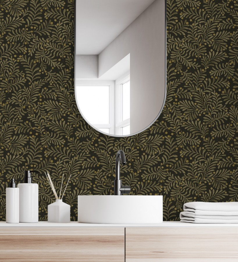 Papel pintado ramas marrón pardo y bayas fondo lino texturizado negro  Willowmere Sprigs 684295