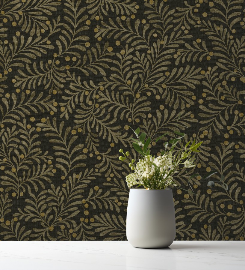Papel pintado ramas marrón pardo y bayas fondo lino texturizado negro  Willowmere Sprigs 684295