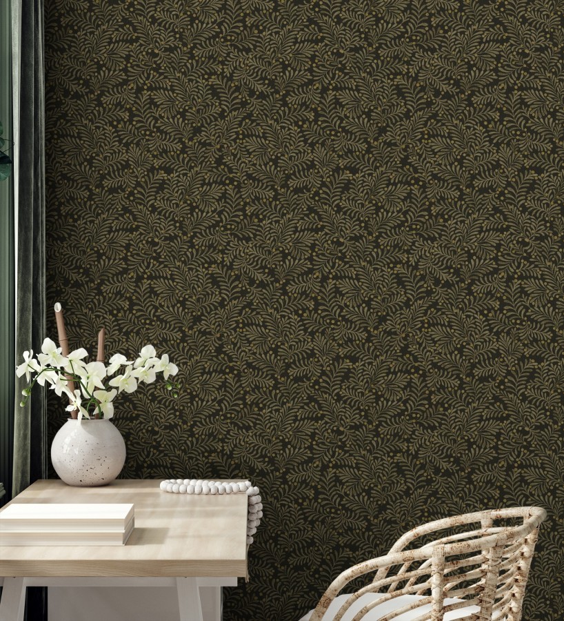 Papel pintado ramas marrón pardo y bayas fondo lino texturizado negro  Willowmere Sprigs 684295