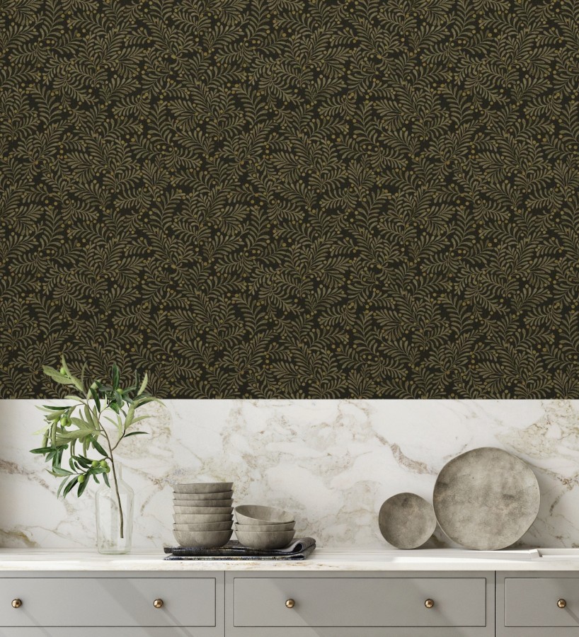 Papel pintado ramas marrón pardo y bayas fondo lino texturizado negro  Willowmere Sprigs 684295
