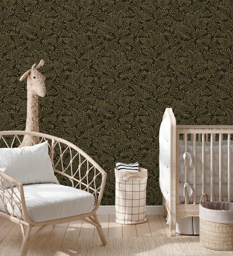 Papel pintado ramas marrón pardo y bayas fondo lino texturizado negro  Willowmere Sprigs 684295