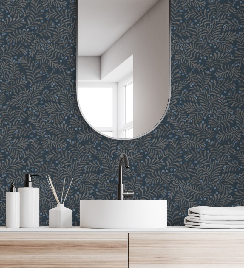 Papel pintado ramas taupe y bayas fondo lino texturizado azul eléctrico  Willowmere Sprigs 684296