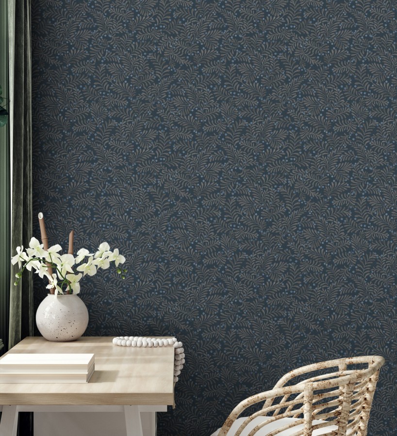 Papel pintado ramas taupe y bayas fondo lino texturizado azul eléctrico  Willowmere Sprigs 684296