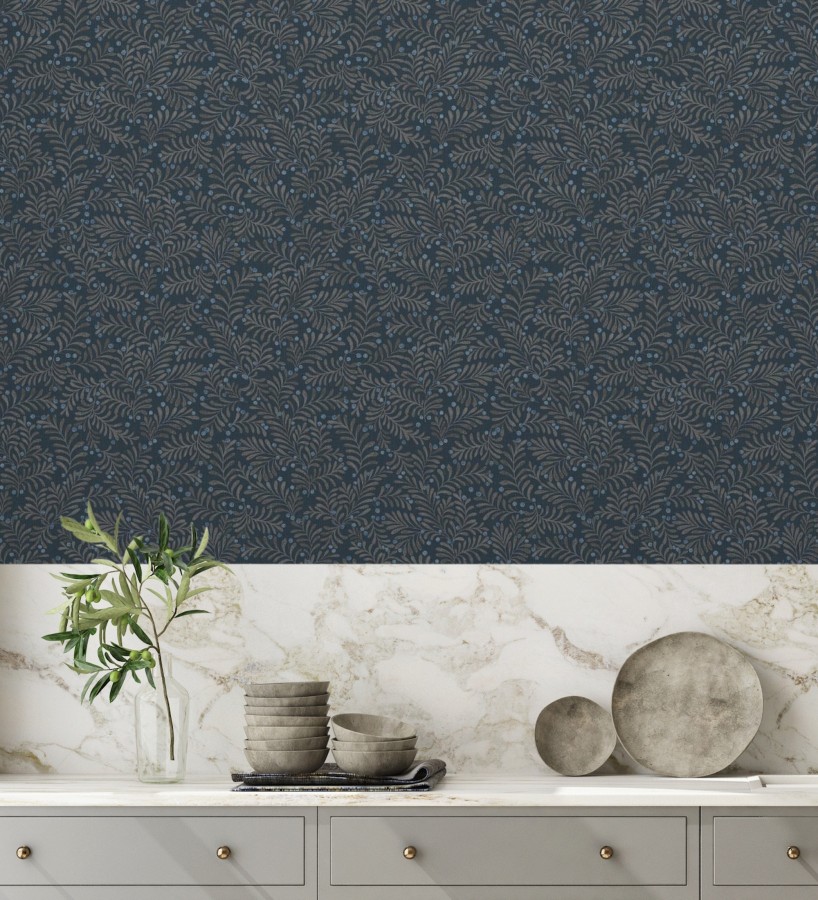 Papel pintado ramas taupe y bayas fondo lino texturizado azul eléctrico  Willowmere Sprigs 684296