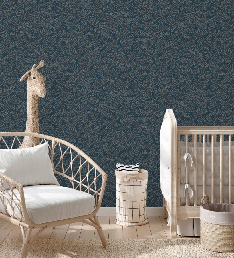 Papel pintado ramas taupe y bayas fondo lino texturizado azul eléctrico  Willowmere Sprigs 684296