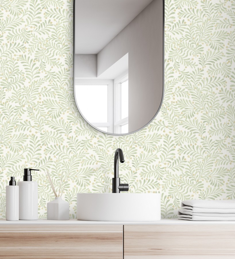 Papel pintado ramas verdes y bayas fondo lino texturizado arena claro  Willowmere Sprigs 684297