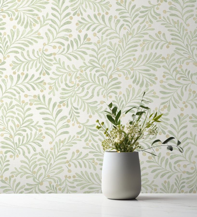 Papel pintado ramas verdes y bayas fondo lino texturizado arena claro  Willowmere Sprigs 684297