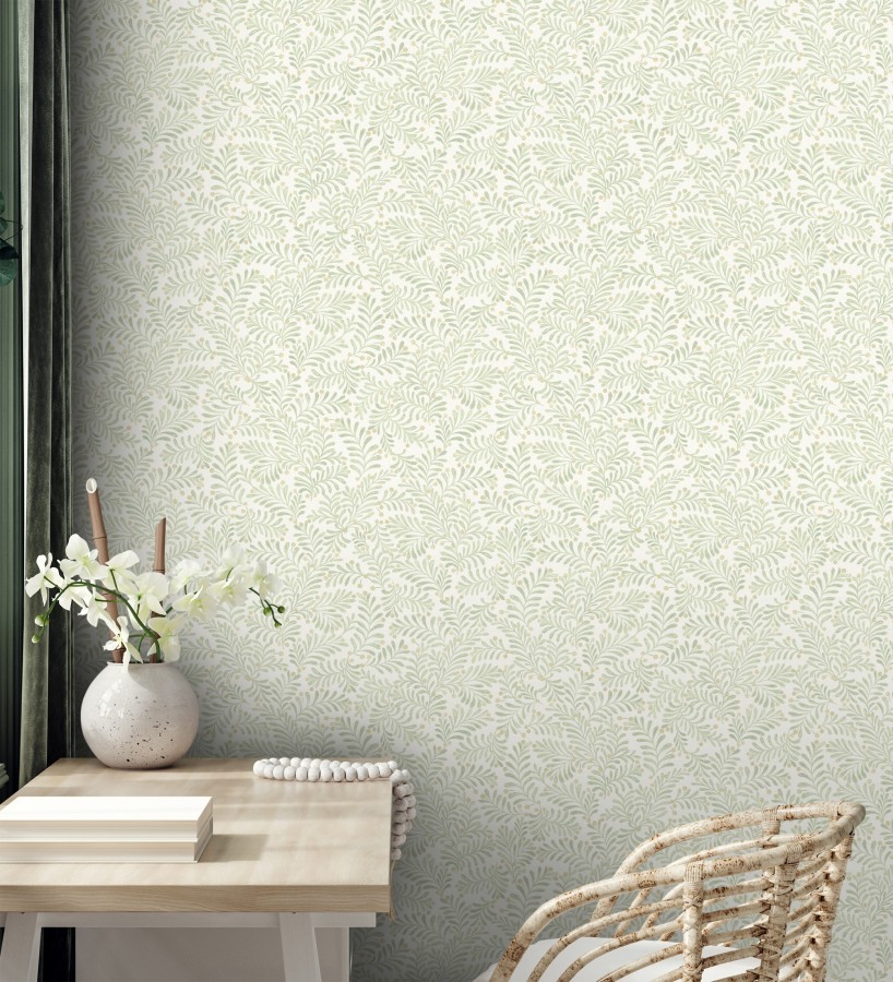 Papel pintado ramas verdes y bayas fondo lino texturizado arena claro  Willowmere Sprigs 684297