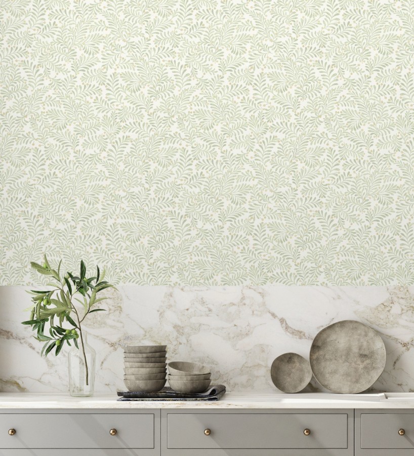 Papel pintado ramas verdes y bayas fondo lino texturizado arena claro  Willowmere Sprigs 684297