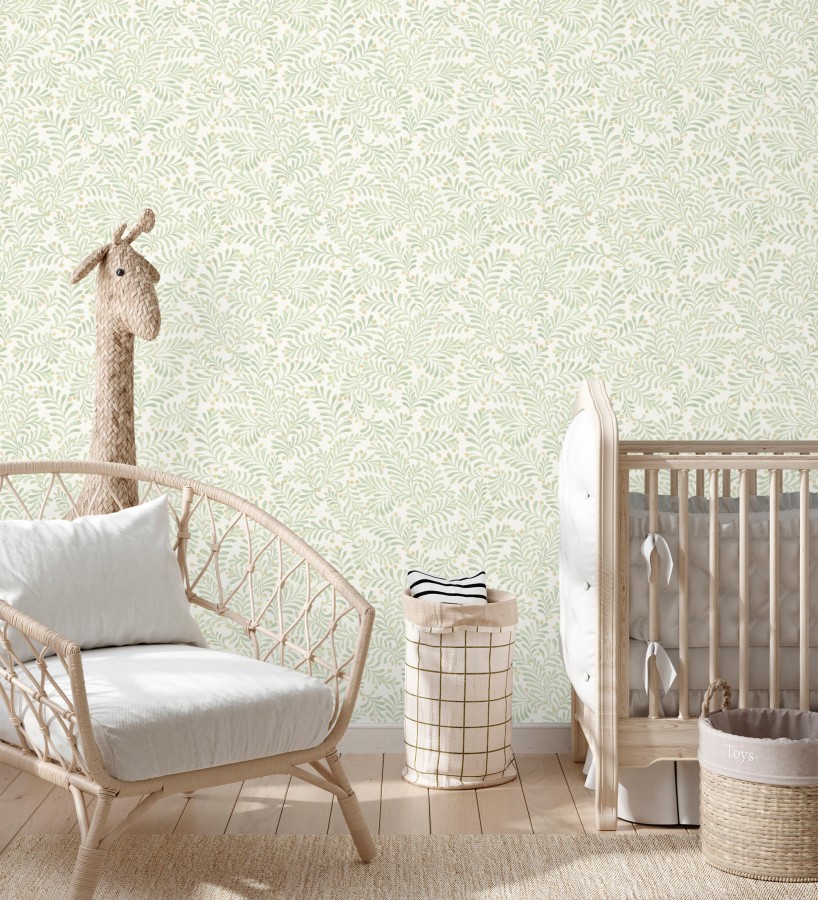 Papel pintado ramas verdes y bayas fondo lino texturizado arena claro  Willowmere Sprigs 684297