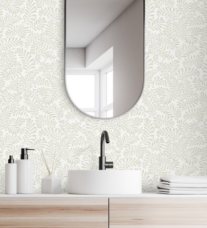 Papel pintado ramas beige y bayas fondo lino texturizado blanco roto  Willowmere Sprigs 684298