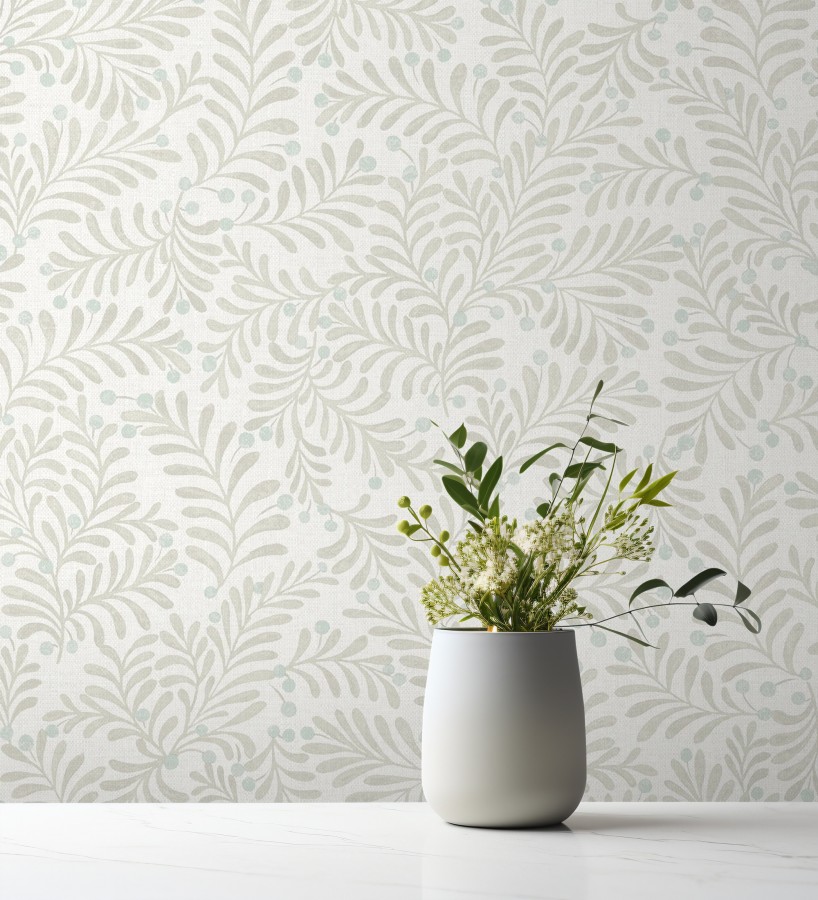 Papel pintado ramas beige y bayas fondo lino texturizado blanco roto  Willowmere Sprigs 684298