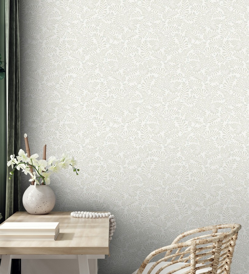 Papel pintado ramas beige y bayas fondo lino texturizado blanco roto  Willowmere Sprigs 684298
