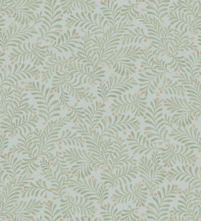 Papel pintado ramas verdes y bayas fondo lino texturizado azul pastel  Willowmere Sprigs 684299