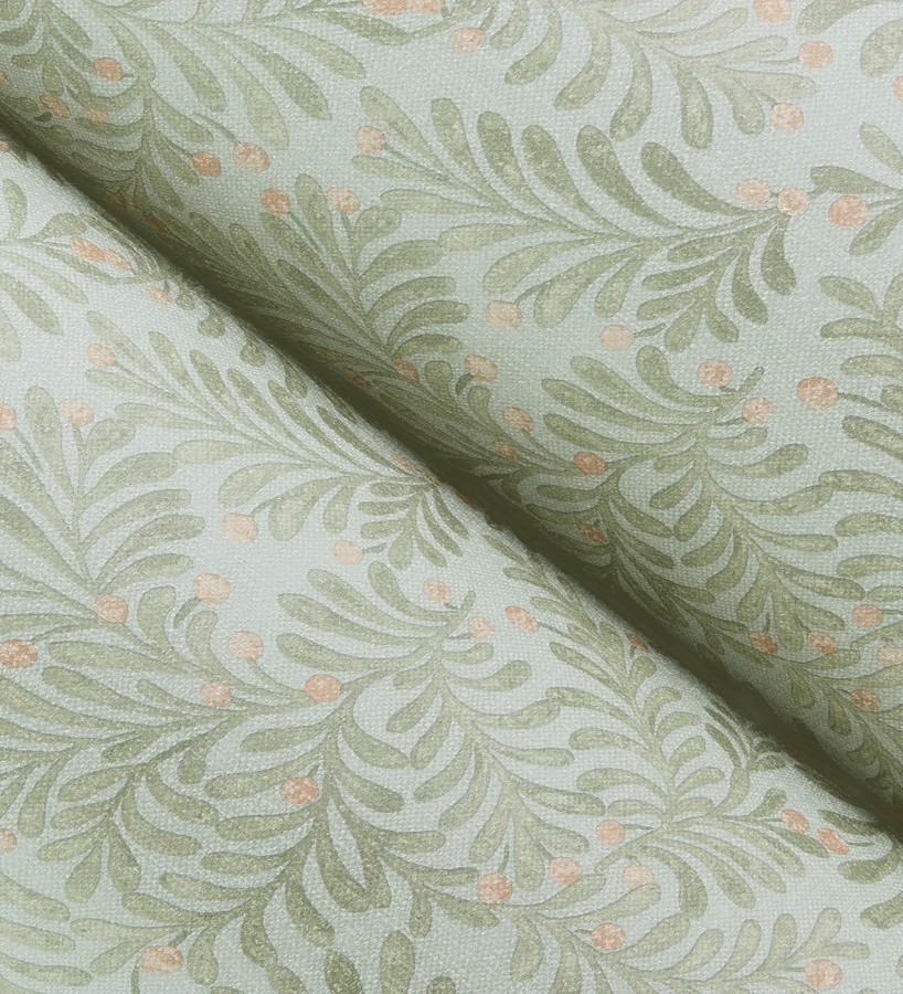 Papel pintado ramas verdes y bayas fondo lino texturizado azul pastel  Willowmere Sprigs 684299