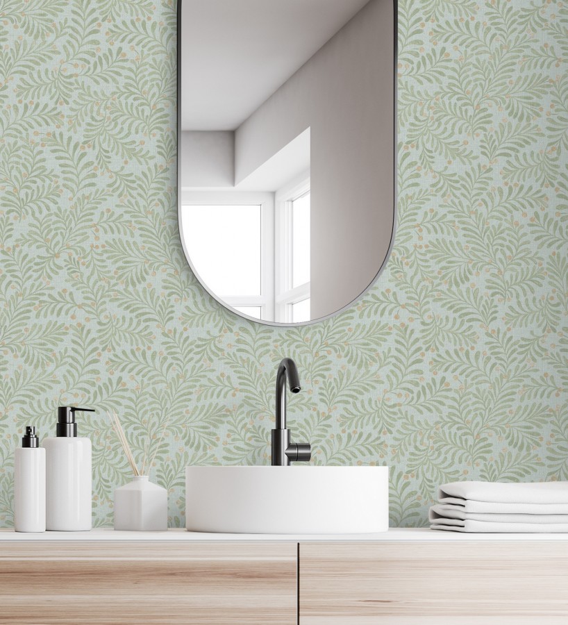 Papel pintado ramas verdes y bayas fondo lino texturizado azul pastel  Willowmere Sprigs 684299