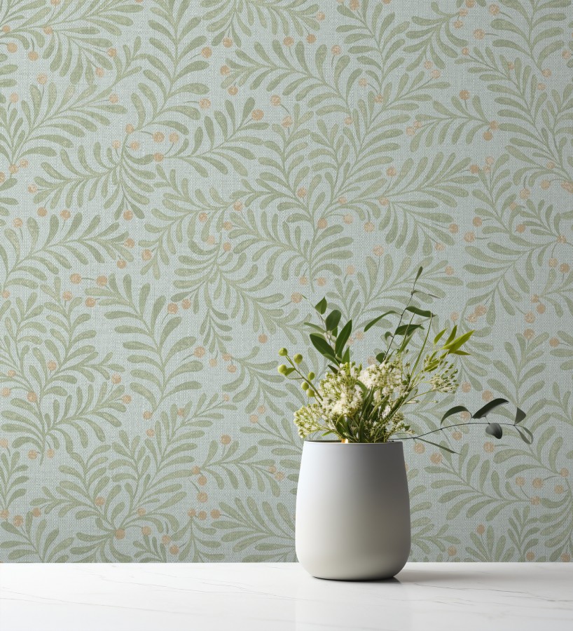 Papel pintado ramas verdes y bayas fondo lino texturizado azul pastel  Willowmere Sprigs 684299