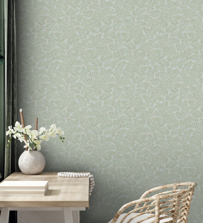 Papel pintado ramas verdes y bayas fondo lino texturizado azul pastel  Willowmere Sprigs 684299