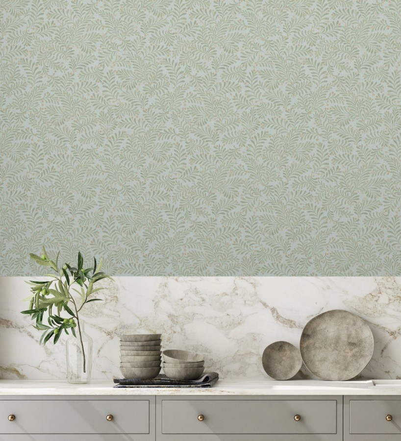 Papel pintado ramas verdes y bayas fondo lino texturizado azul pastel  Willowmere Sprigs 684299