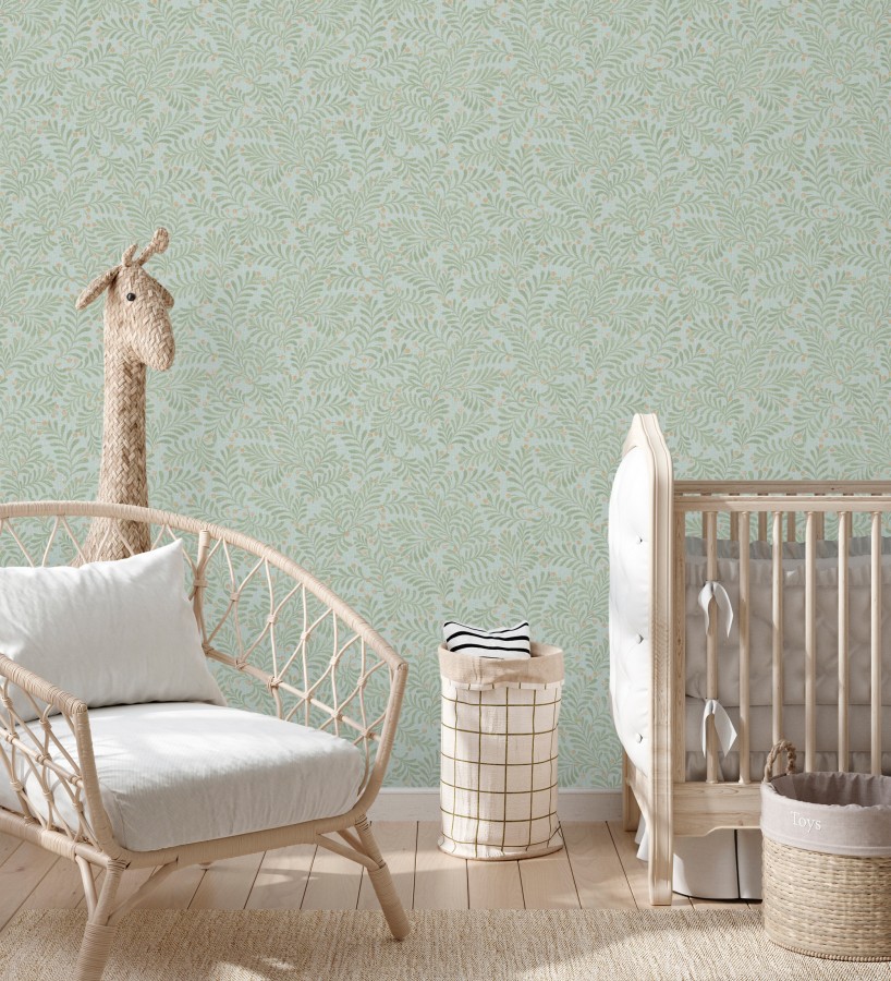 Papel pintado ramas verdes y bayas fondo lino texturizado azul pastel  Willowmere Sprigs 684299