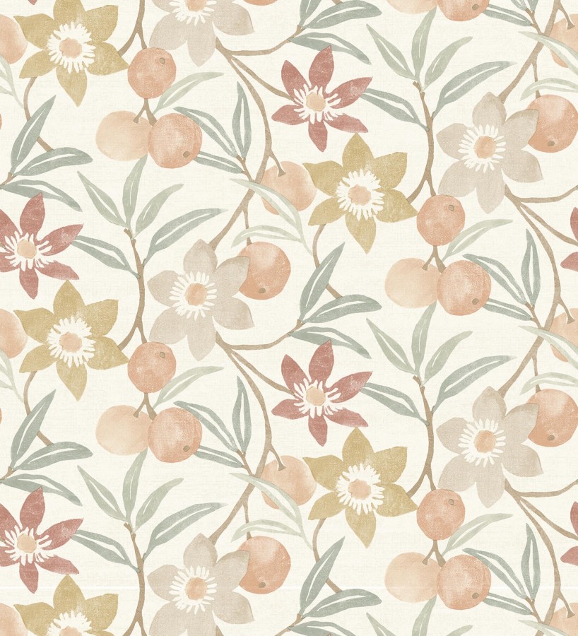 Papel pintado de frutas y flores estilo country tonos ocre beige y terracota  Rowan Nectarine 684300